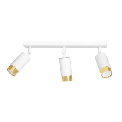 A white and gold three-light ceiling lamp on a white background.
