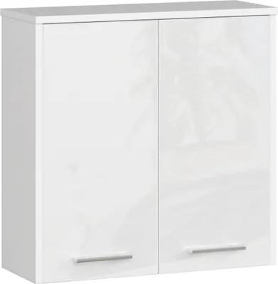 A white, high-gloss wall cabinet with two doors and silver handles.