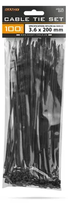 Productafbeelding van 100 zwarte kabelbinders, 200 x 3,6 mm – Nylon 66, zelfsluitende kabelbinders – Dunne kabelbinders voor het bundelen en bevestigen van kabels – Zwarte kabelbinders voor installatie en elektronica – 100 stuks per verpakking [05417]