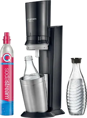 A SodaStream Crystal 3.0 water carbonator with a CO2 cylinder and two bottles.