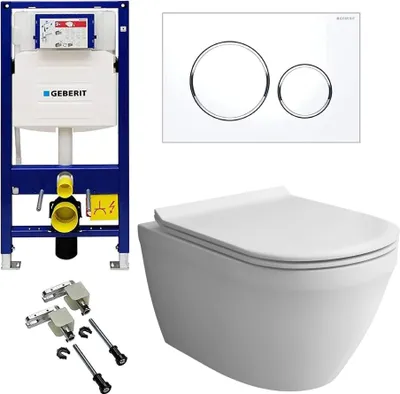A collection of bathroom fixtures including a wall-hung toilet, a concealed cistern, a flush plate, and mounting hardware, arranged on a white background.