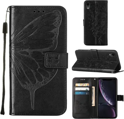 Image de coque pour iPhone XR, coque en cuir avec fentes pour cartes et support pour iPhone XR noir