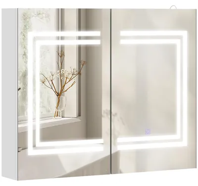 Image de Armoire de salle de bain Kleankin avec éclairage LED, étagères réglables et interrupteur tactile, en bois et en verre, dimensions 80x15x65 cm, couleur blanche