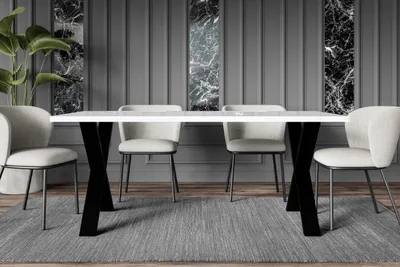 Produktbild von ALTDECOR Esstisch, ideal als Küchentisch oder Wohnzimmertisch, solide Konstruktion aus Möbelplatte - KLYN - 160x90x75 cm - Weiß Hochglanz/X