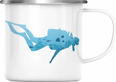 Produktbild von Trendation - Taucher Grafik Emaille Tasse Geschenk für Tauchlehrer Geschenkidee Lustig Tauchen Tauchsport Meer See (Silber)
