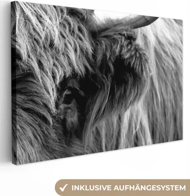 Produktbild von OneMillionCanvasses® - Leinwandbilder - 140x90 cm, Scottish Hochlandrind - Auge - Schwarz - Weiß, Wandbilder Kunstdruck Wanddekoration