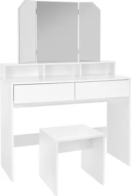 A white vanity table with a tri-fold mirror and a matching stool, set against a white background.