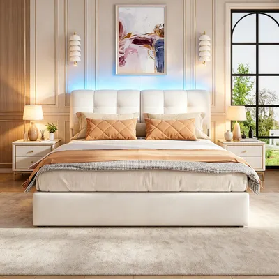 Produktbild von INONEFT Boxspringbett 160×200 mit LED,Polsterbett Jugendbett mit Stauraum,Hydraulisches Doppelbett,Stauraumbett, Samt, Beige.