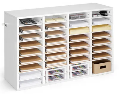 Produktbild von Brief- und Dokumentenablage - Sortierregal mit 36 Fächern - Herausnehmbare Regalböden - Holz - Für Büro, Zuhause und Klassenzimmer - Aktenhalter/Postsortierer - Weiß