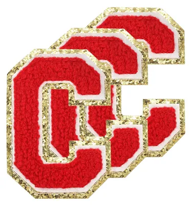 Chenille-Buchstaben-Patches 7,3 cm, 3er-Pack, selbstklebend, rot, Goldrand