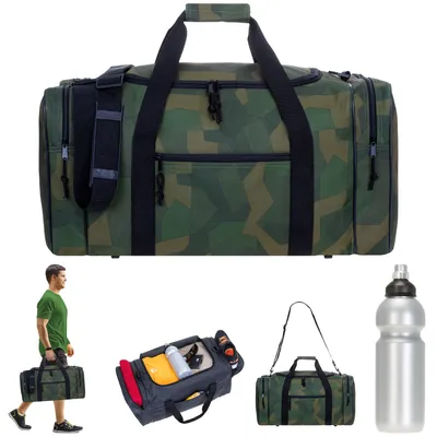 Produktbild von Sporttasche Herren groß Spear Gym 55 cm 40 Liter Large Reisetasche Saunatasche Fitnesstasche Freizeittasche Tasche 657 Fußball Jungen Camouflage Camo Grün + Trinkflasche