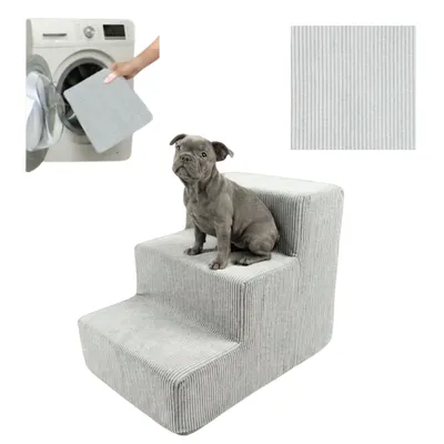 Produktbild von Komvortowy | Haustiertreppe | HELLGRAU | Cord | 3 Stufen | für Bett & Sofa | 36 cm | Hunderampe | Hundetreppe | Abnehmbar und Waschbar