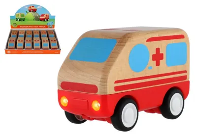 Produktbild von Holz-Krankenwagen, 11 cm, batteriebetrieben mit Schwungrad, Licht und Sound, 12 Stück im Set, ab 18 Monaten