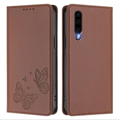 Image de Étui en cuir pour Huawei P30, motif papillon, étui à rabat avec porte-appareil, marron
