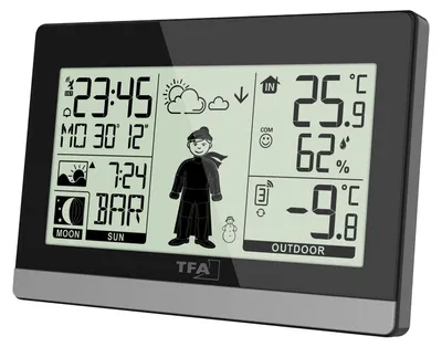 Produktbild von TFA-Dostmann Weather Boy, Schwarz, Innen-Hygrometer, Innen-Thermometer, Außen-Thermometer, Kunststoff, 20 - 95%, -9,9 - 50 °C, 14,2 - 122 °F