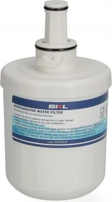 A white refrigerator water filter with a label.