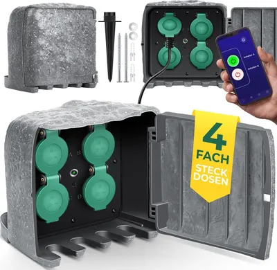 Produktbild von KESSER® Gartensteckdose Steinoptik mit 4 Steckplätzen - mit WiFi Funktion Steuerung per App - Inkl.Erdspieß, Mehrfachsteckdosen aussen mit 3m Verlängerungskabel Außensteckdose IP44 Dämmerungssensor