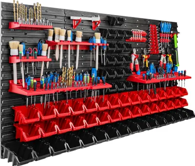 Image de Système de rangement Étagère d'atelier | 156 x 78 cm | 62 pièces Boîte | Étagère murale avec supports pour outils et bacs empilables - Panneaux muraux Étagère à bacs extra-robuste Panneau perforé pour outils Étagère de rangement Étagère de garage