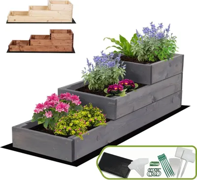 Produktbild von MODO24 Hochbeet Holz, Pflanzkasten, Massivholz, Kiefer, Kräuterbeet, Blumenkasten, Garten, Terrasse, 27x30x93 cm, Grau, ZP07