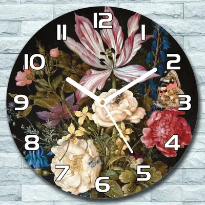 Produktbild von Wanduhr aus Glas Rund fi 30 Blumenstrauß Quarz Deko Schlafzimmer Büro