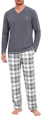 Imagen del producto de Conjunto de pijama para hombre, manga larga, cuello en V, algodón, estampado a cuadros