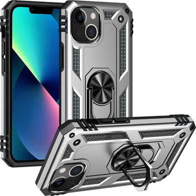 Produktbild von Schutzhülle für iPhone 13 Mini, Dual Layer Militäre Fallschutz Hülle mit Ringhalterung Ständer für iPhone 13 Mini Silber