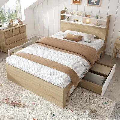 Image de OKWISH Lit Simple 90x200 cm - Avec 2 Tiroirs et Étagères, Tête de Lit avec Rangement, Bois - Sans Matelas - Blanc et Chêne Clair