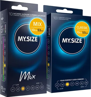 Produktbild von MY.SIZE Mix SET Größe 3, 53 mm: 10 Classic Kondome + 10 Kondome in 4 aufregenDen Sorten, mit Aroma, Farbe, Genoppt & Classic