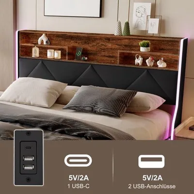 Immagine prodotto di Letto matrimoniale con struttura 140x200 cm - Con illuminazione a LED e spazio contenitivo - Rivestito in ecopelle - Arredamento per la camera da letto