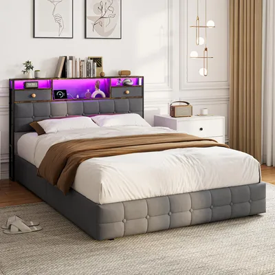 Produktbild von REMZETTA Polsterbett 160x200 cm Grau mit LED, USB und Type-C, Stauraumkopfteil & Bettkasten