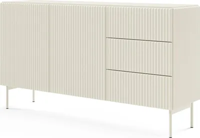 Obrázek produktu pro BETTSO Dvoudveřová komoda TUTTI 147 cm - kašmírová barva, 3 zásuvky a 2 dvířka, žebrované čelo, moderní design
