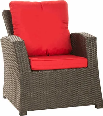 A single outdoor chair with red cushions.