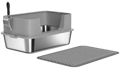 Produktbild von PawHut Katzentoilette Edelstahl Offene Katzenklo mit Schaufel hohem Rand Matte