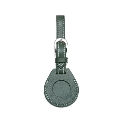 A dark green leather luggage tag with a silver buckle and strap, shown against a white background.