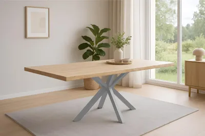 Produktbild von Esstisch Harley | 200 x 100 cm | Akazienholz massiv | Farbe: Natur lackiert | echte Baumkante | Spider-Gestell Metall Silber | pflegeleichter Baumkantentisch/Esszimmertisch/Küchentisch