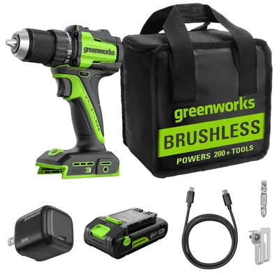 Immagine prodotto di Set di trapano-avvitatore Greenworks da 45 Nm, con batterie USB da 2 Ah e caricabatterie da 30 W