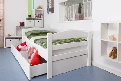 Produktbild von Einzelbett / Funktionsbett "Easy Premium Line" K1/n/s inkl 2 Schubladen und 2 Abdeckblenden, 90 x 200 cm Buche Vollholz massiv weiß lackiert