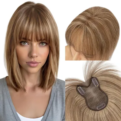 Image de Pièce de cheveux avec frange, en véritable cheveux, 21g, 11 pouces, couleur #4p27 (brun moyen/blond foncé)