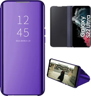 Obrázek produktu pro Pouzdro pro Samsung Galaxy S22 Ultra 5G průhledné zrcadlové flipové pouzdro,Polyuretankůže, s funkcí stojánku modré Fialová