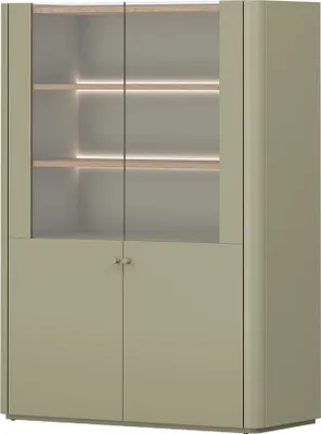 Produktbild von Wohnzimmer Highboard Vitrine mit 100 cm Breite in Grün mit Eiche, inkl. LED Beleuchtung, 2 Türen - ELOY-141