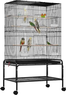 Produktbild von Vogelkäfig groß, 79 × 49 × 134,5 cm, Vogelvoliere mit 3 Sitzstangen, Papageienkäfig mit 6 Türen, Käfig für Wellensittich, 4 Futternapf, Schmutzwanneneinsatz, Schwarz