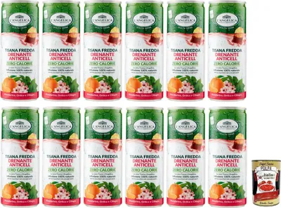 Produktbild von 12x L' Angelica Drenante Anticell,Kalter Kräutertee,Geschmack von Mandarine, Brennnessel und Kirsche,Kalorienfrei,Zuckerfrei,Einwegdose 240ml + Italian Gourmet Polpa di Pomodoro 400g Dose