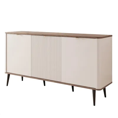 Produktbild von Dreitürige NAVANI Kommode 160 cm Sideboard geriffelten Fronten Stauraummöbel Soft-Close-System Dreitüriger Schrank Wohnzimmer Kaschmir + Nussbaum