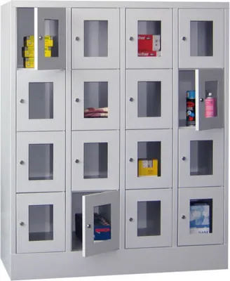 Produktbild von Schließfachschrank - Sichtfenstertüren - 16 Fächer a 300 mm - 1.518x1.200x500 mm (HxBxT) - Sockel - Zylinderschloss - lichtblau/himmelblau