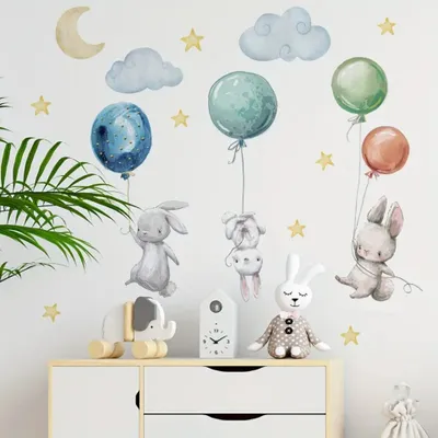 Produktbild von Süße Hasen und Ballon Wandsticker Abnehmbare PVC Sticker für Schlafzimmerdeko