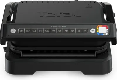 A black Tefal OptiGrill 4-in-1 contact grill is shown from the front.