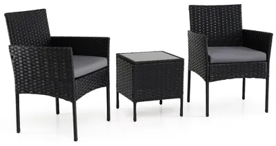 Immagine prodotto di Set da giardino in rattan composto da 3 pezzi con cuscini e tavolo in vetro.