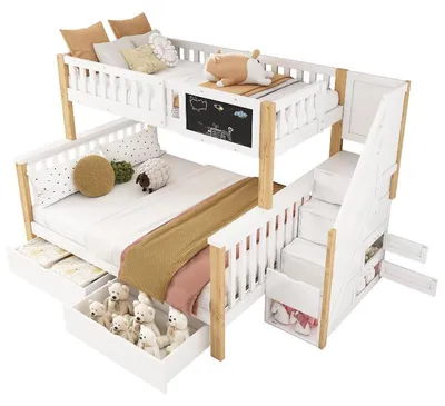 Immagine prodotto di Letto a castello per bambini, disponibile nelle dimensioni 90x200 e 140x200, colore bianco con finitura in legno di faggio chiaro, realizzato in legno massello, MDF con cassetti e scaletta