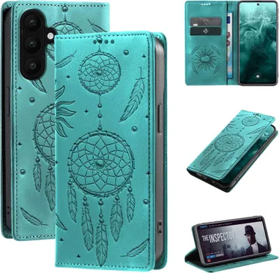 Produktbild von Handyhülle für Samsung Galaxy A57 5G RFID Schutz Klapphülle Case Cover Blumen Design Traumfänger Schutzhülle Farbe: Türkis