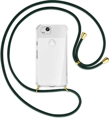 Produktbild von Handykette Backcover-Schutzhülle mit Band (Metall goldfarben) für Google Pixel 2 XL - dunkelgrün